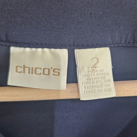 Chico's Knit Kit Colorblocked Floral Shadows Elbow Sleeves V-Neck Top Navy White - Picture 14 of 16